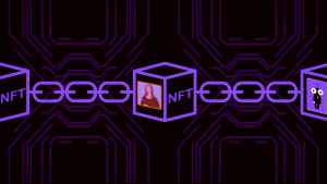 An image of the blockchain;  art cubes and NFTs connected by a chain