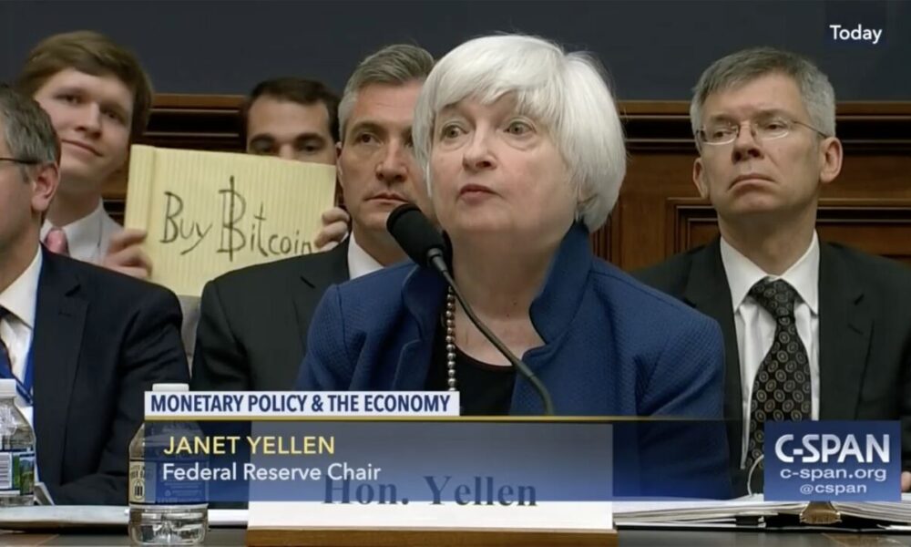 'Buy Bitcoin' Sign Displayed Behind Janet Yellen Receives Offer of Nearly $140,000