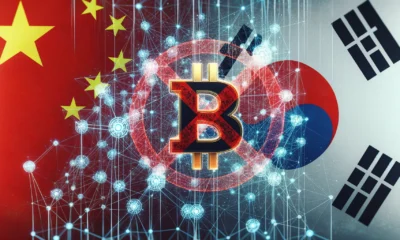 A network of interconnected nodes, representing a decentralized cryptocurrency network, with the Chinese and South Korean flags in the background, and a red "Banned" stamp over the image.