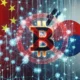 A network of interconnected nodes, representing a decentralized cryptocurrency network, with the Chinese and South Korean flags in the background, and a red "Banned" stamp over the image.