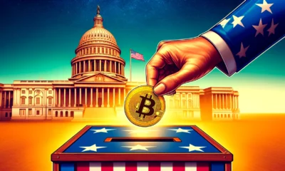 A hand approaching a voting ballot box, holding a golden cryptocurrency coin, with the American flag and the U.S. Capitol building in the background.