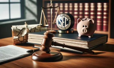 A gavel and a stack of legal documents on a wooden desk, with the SEC logo and a cracked piggy bank in the background, representing the court's decision against the SEC and the financial implications.