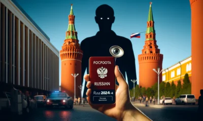 A Russian citizen holding their passport in one hand and a smartphone displaying the Russia2024 app in the other, with a backdrop of the Kremlin and a large, looming shadow of Vladimir Putin cast over the scene.