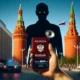 A Russian citizen holding their passport in one hand and a smartphone displaying the Russia2024 app in the other, with a backdrop of the Kremlin and a large, looming shadow of Vladimir Putin cast over the scene.