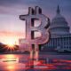 A striking 3D render of a massive crypto icon, resembling a stylized bitcoin symbol, looming in front of the iconic US House of Representatives building. The cinematic visual showcases a futuristic, glowing crypto icon that casts a vivid reflection on the ground. In the background, the sun sets over the Washington D.C. skyline, casting a warm, golden hue over the scene. The overall ambiance is both awe-inspiring and symbolic of the intersection of technology and politics., 3d render, cinematic