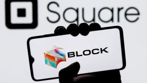 Block logo on a background with the previous square logo. Stock SQ.