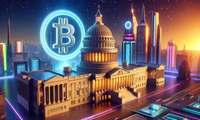 A 3D rendering of the U.S. Capitol building with a large Bitcoin symbol hovering above it, set against a futuristic cityscape background.