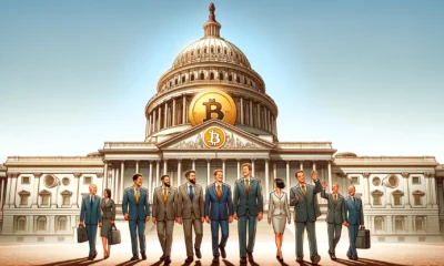 Crypto Capitol: Design an image of the U.S. Capitol Building with a large Bitcoin symbol on its dome. Pro-crypto politicians standing in front of the building, while anti-crypto politicians are seen walking away in defeat.