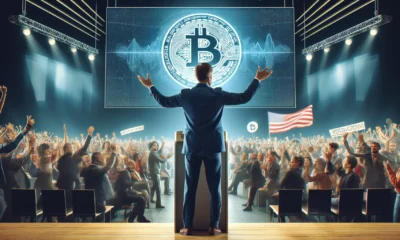 A confident Robert F. Kennedy Jr. standing at a podium, passionately speaking about cryptocurrency, with a large Bitcoin logo projected on a screen behind him. The audience is filled with enthusiastic supporters waving pro-crypto banners.