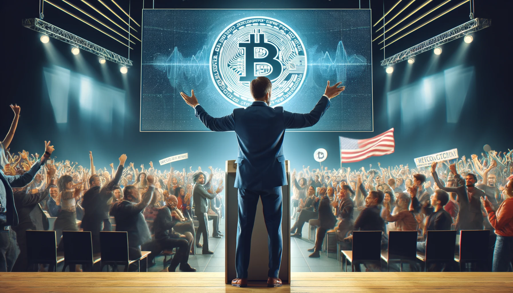 A confident Robert F. Kennedy Jr. standing at a podium, passionately speaking about cryptocurrency, with a large Bitcoin logo projected on a screen behind him. The audience is filled with enthusiastic supporters waving pro-crypto banners.