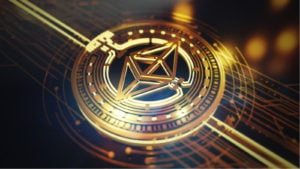 A conceptual image of a virtual currency based on the Ethereum logo.