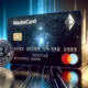 A sleek, modern Mastercard credit card with a holographic design featuring cryptocurrency symbols like Bitcoin, Ethereum, and Litecoin, set against a futuristic, digital background.