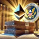 Digital art of the Ethereum logo emerging from a stack of legal documents, with the SEC seal in the background, symbolizing Ethereum's victory over regulatory uncertainty.