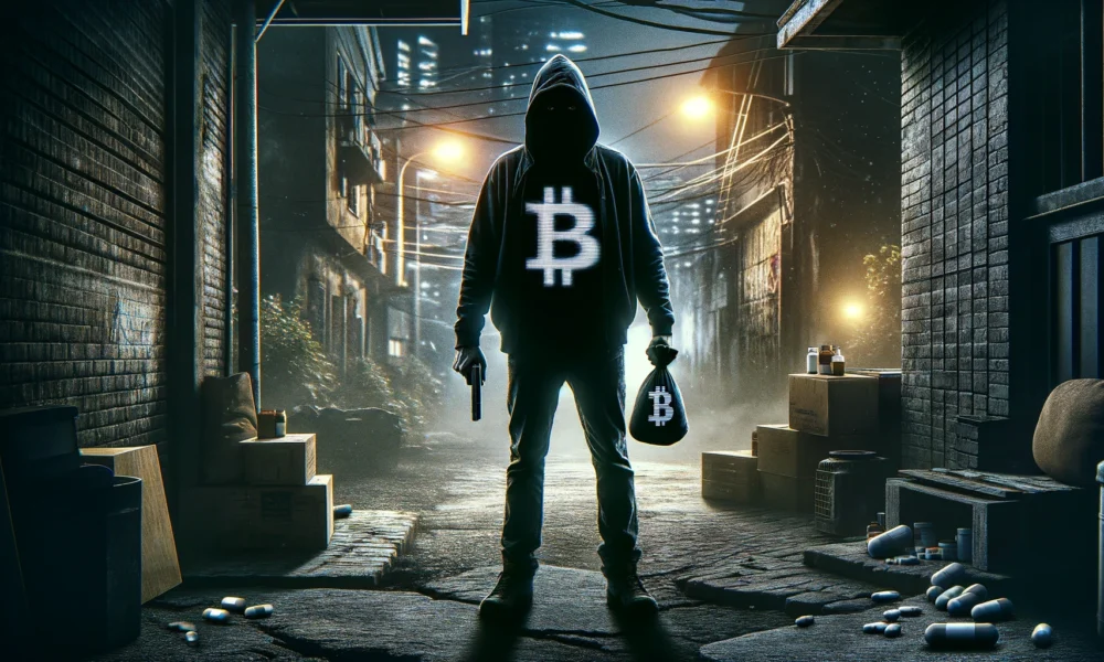 Dark, shadowy figure holding a bag of pills in one hand and a cryptocurrency symbol in the other, against a grungy, urban background.