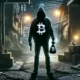 Dark, shadowy figure holding a bag of pills in one hand and a cryptocurrency symbol in the other, against a grungy, urban background.