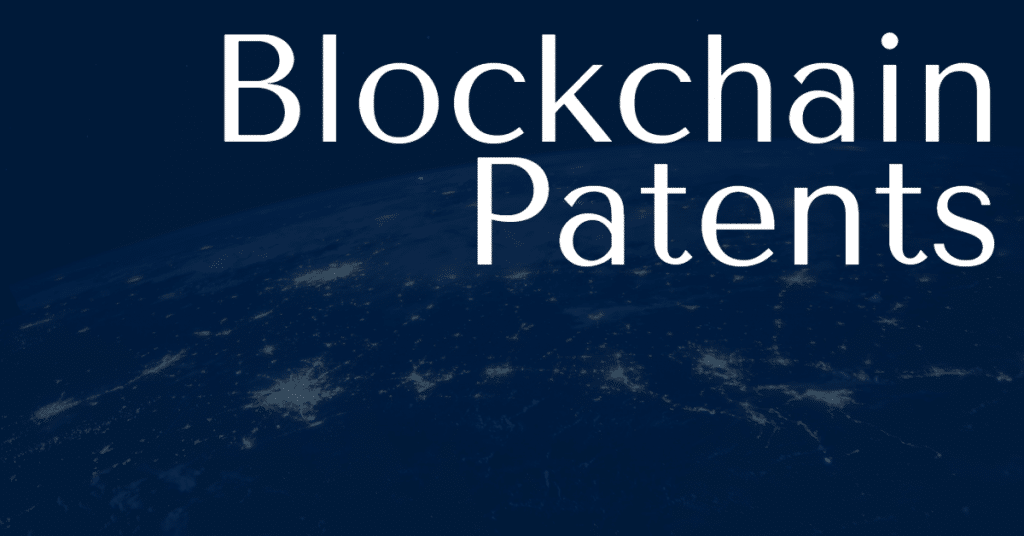 An image of the earth with light connecting various places and words "Blockchain patents"