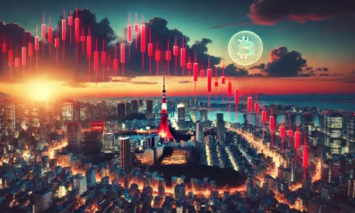 A dramatic graph showing Bitcoin's price plummeting, with red candlesticks against a backdrop of Tokyo's skyline at dawn