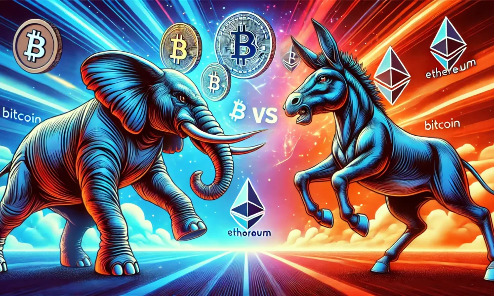 A stylized elephant and donkey facing off, with cryptocurrency symbols floating between them