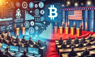 A split image showing a crypto trading platform on one side and a political debate stage on the other