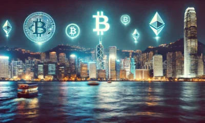 Hong Kong skyline with financial district buildings and cryptocurrency symbols floating above