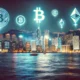 Hong Kong skyline with financial district buildings and cryptocurrency symbols floating above