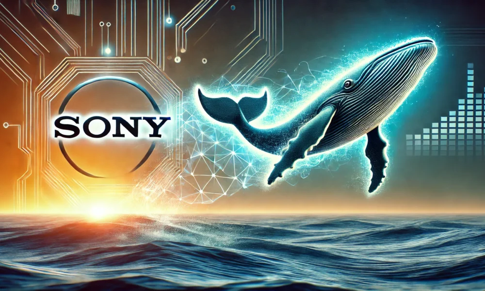 Sony logo morphing into a stylized whale fin, symbolizing the Whalefin crypto exchange acquisition