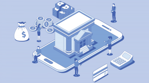 An image of a cell phone with a bank on top, surrounded by people and piles of money, a credit card and a calculator. fintech stocks