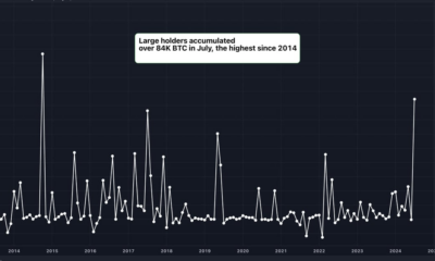 Large Bitcoin (BTC) Holders Added $5.4 Billion Worth of BTC in July, Data Shows