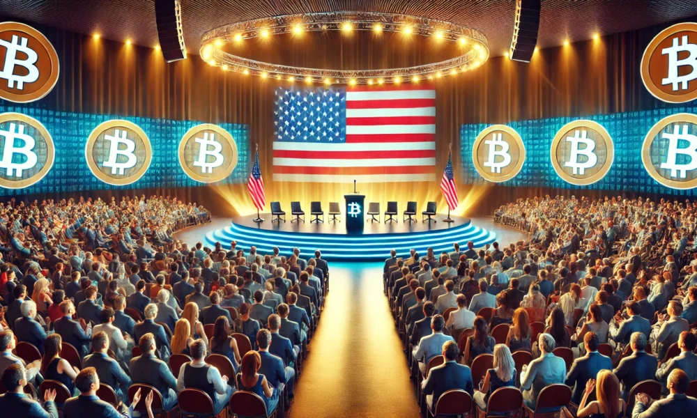 A large conference hall filled with enthusiastic attendees, Bitcoin logos prominently displayed, and a podium with an American flag