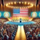 A large conference hall filled with enthusiastic attendees, Bitcoin logos prominently displayed, and a podium with an American flag